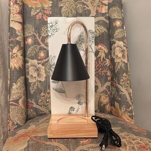 Modern Black & Copper Candle Warmer Lamp with Wooden Base